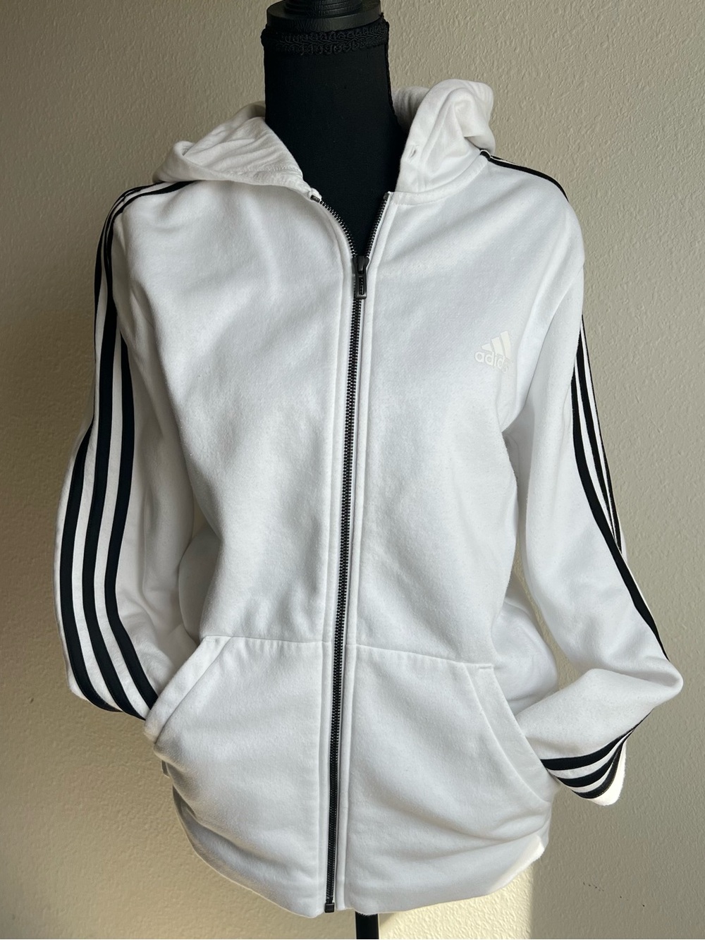 adidas White Hooded Full Zip Athletic Jacket with Black Three-Stripes Medium